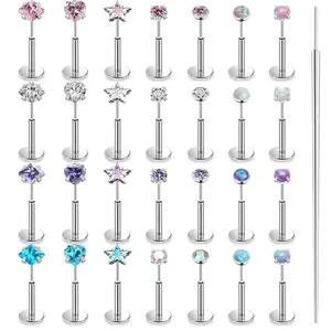 28pcs gemstone screw nose ring with 1pc puncture tool, 20G 18G 16G Threadless Nose Rings Studs Flat Back Earrings Surgical Stainless Steel Opal Nose Rings Stud Tragus Helix Conch Cartilage Earrings Piercing Jewelry