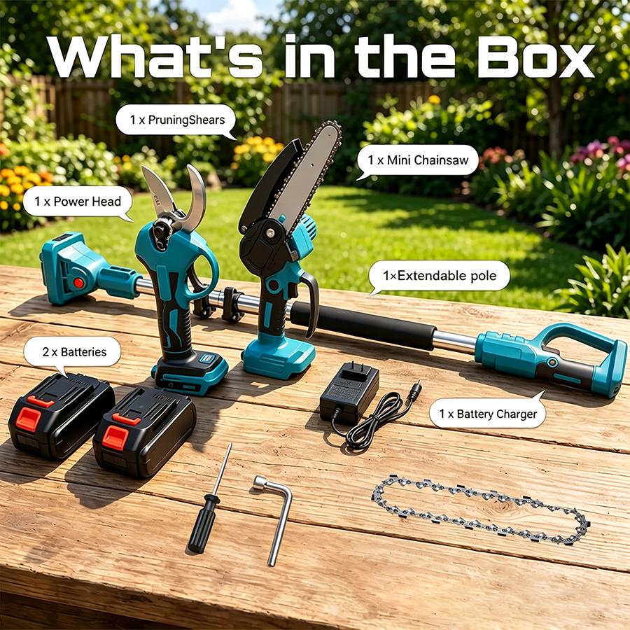 3-in-1 Cordless Pole Saw & Mini Chainsaw Garden Tools Set with 2 Batteries, Extension Pole, Garden Scissors for Tree Trimming, Limb Branch Cutter for Outdoor Use, Father's Day Gift