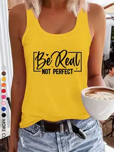 Women's Letter & Heart Print Round Neck Tank Top, Casual Sleeveless Top for Daily Wear, Ladies Clothes for All Seasons, Socks