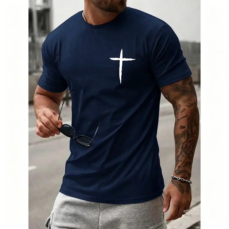 Manfinity Homme Men's Cross-Print Slim-Fit Crew Neck T-Shirt - Faith-Forward Look, Christian Apparel, Regular Fabric, Ideal for Daily Wear