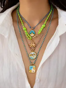 Boho Style Colorful Rope Necklace Set, Ocean Sea Charms & Enamel Stainless Steel Starfish Pendants, Bohemian Beach Jewelry for Women, Layered Necklaces