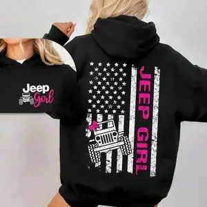 Jeep Girl Hoodie – Cute Off-Road American Flag Graphic Hoodie Casual Street Style Fleece Fabric Pullover Hooded Sweatshirt Trendy Tops for Unisex ZQV