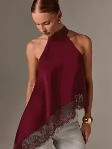 Elegant Asymmetric High Neck Satin Tank Top with Lace Trim, Sleeveless Design for Evening Parties and Formal Occasions, Womenswear Elegance