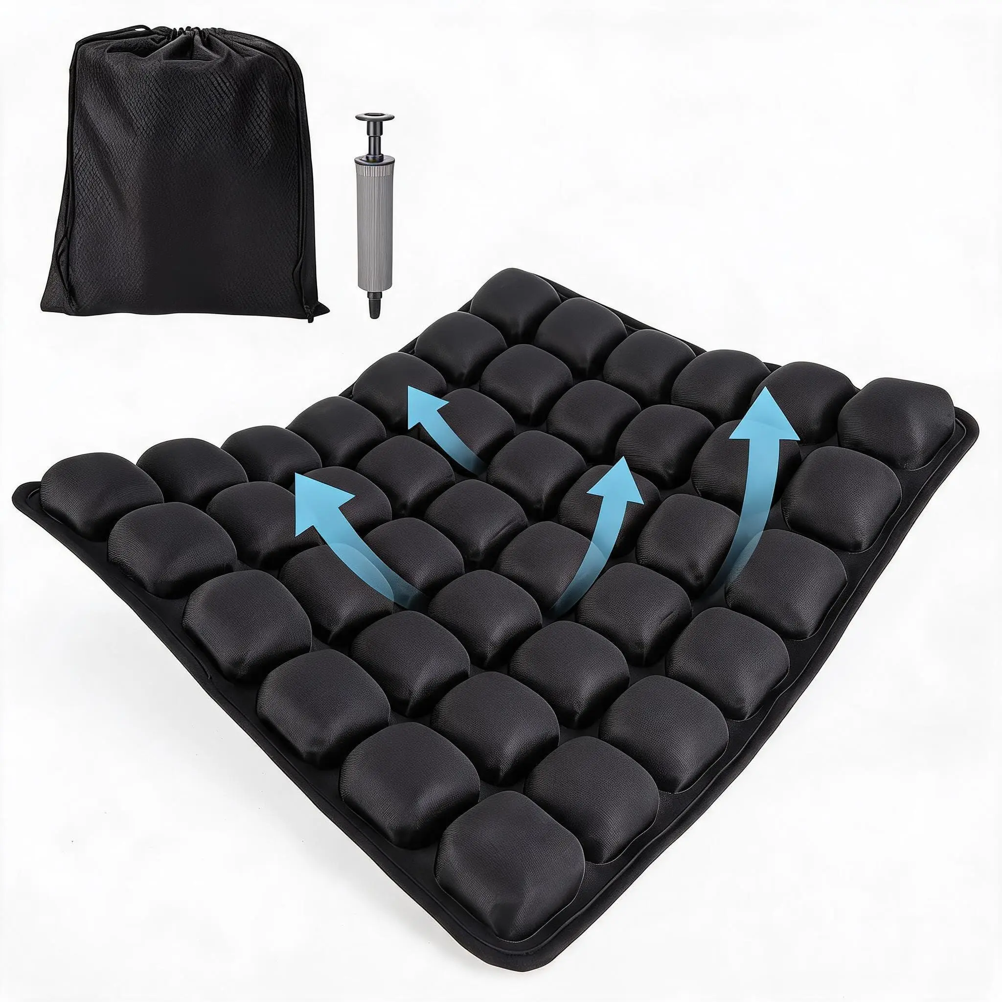 Garvee 3D Ergonomic Air Cushion Seat, 42 Inflatable Air Cells, Pressure‑Relief Breathable Lycra TPU Pad, Portable Cushion for Office Chair, Car, Wheelchair, Comes with Pump and Storage Bag