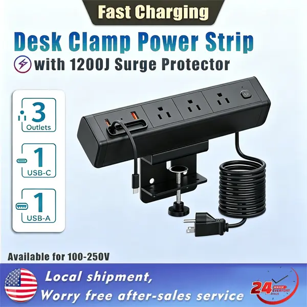 Desk Clamp Power Strip Built-In1 Retractable USB C Cables Nightstand Charging Station 1 PD20W USB-C&1 USB-A&3 AC Desk Mount Outlet 6.6 Ft Extension Cord for Conference Rooms Desktop Accessory