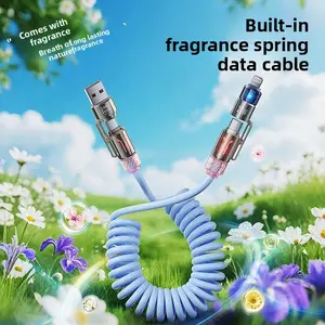 240W 4-in-1 Coiled Charging Cable 2M Retractable, 6.6FT Fast Charging Spring Cord with RGB Light and Fresh Scent, Multi-Connector USB C to Lightning/USB A to Type C Cable for iPhone 16 15 14, MacBook Pro/Air, iPad