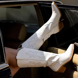 ?? Black Friday?? Women’s Western Cowboy Boots – Knee-High Cowgirl Boots with Classic Embroidery, Slip-On Pointed Toe, Chunky Heel, White Boots, Footwear, Walking Shoes, Fall Fashion