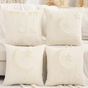 1Pc Islamic Ramadan Decoration Pillow Cover, New Moon Star Lantern Embroidered Plush, Modern Living Room Sofa Decor, Muslim Holiday Gift, Bedroom Decorative Accessories