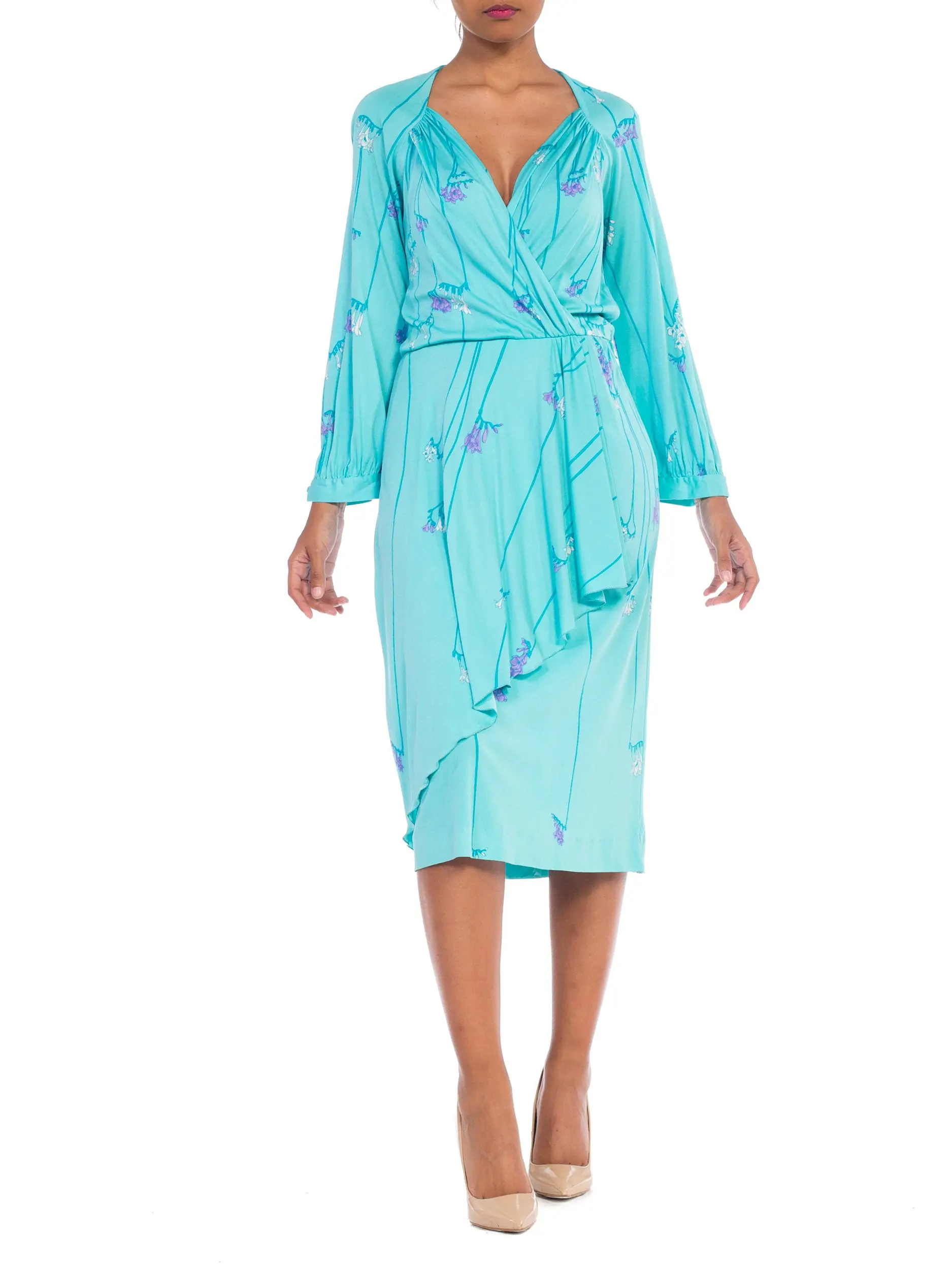 1970S DE PARISINI Aqua  Blue Silk Jersey Floral Dress Made In Italy