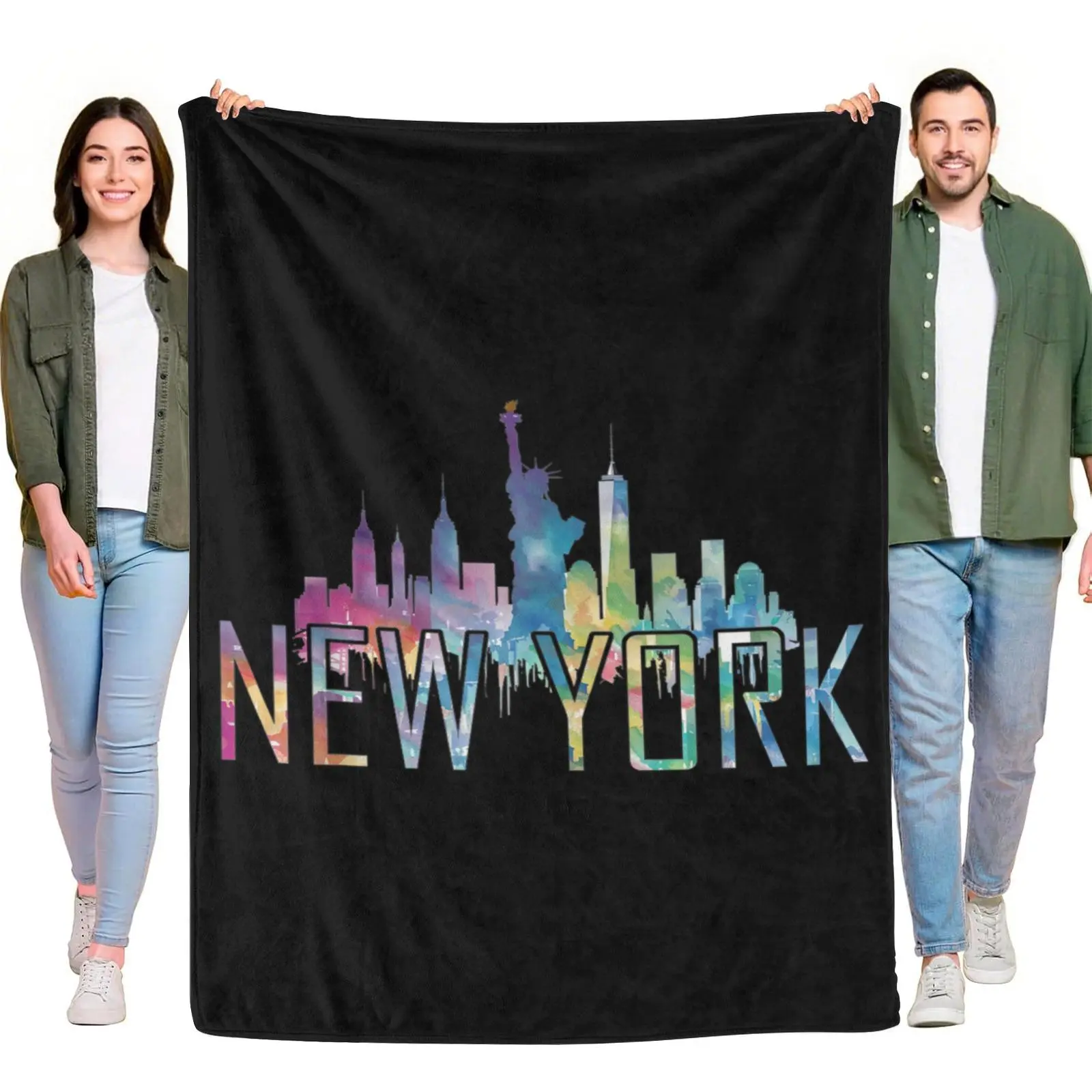 Watercolor Rainbow New York City Skyline Statue Of Liberty Throw Blanket, Colorful NYC Landmark Lightweight Flannel Blanket for Travel City Lovers