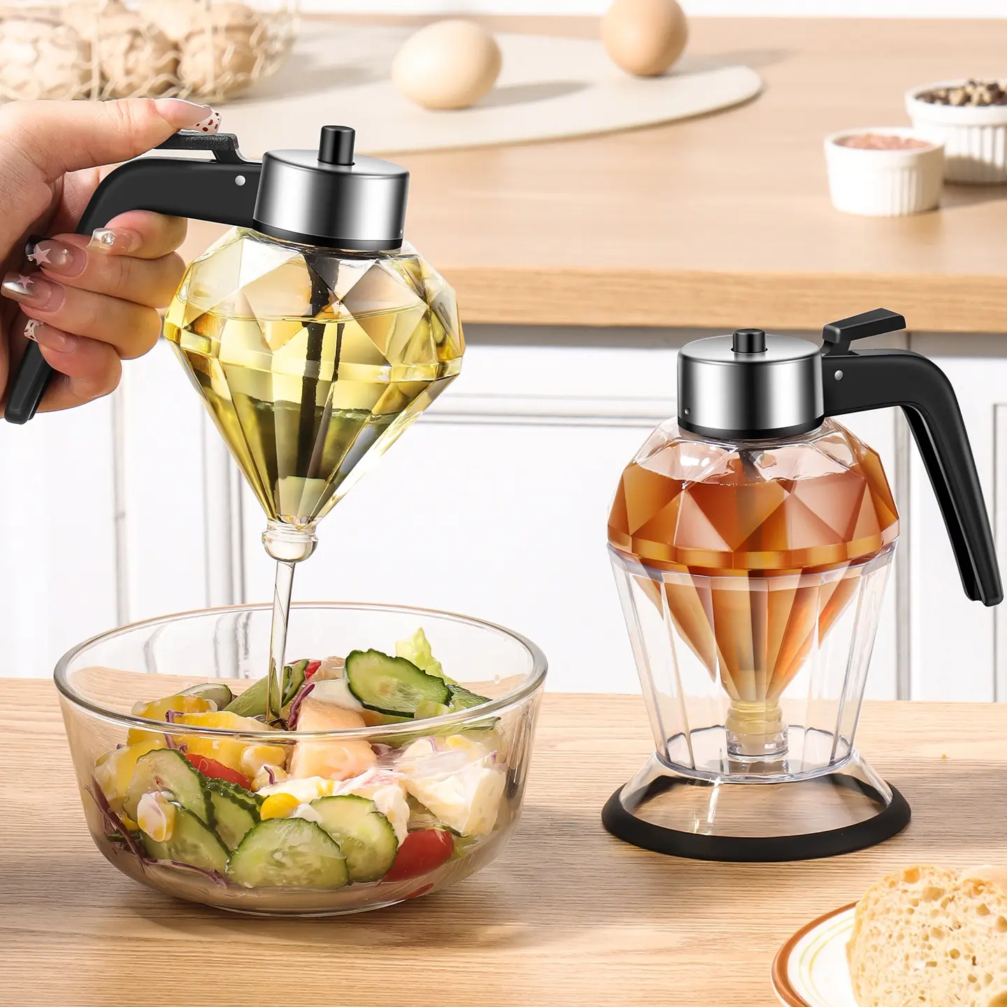 A set of 200ml diamond-shaped glass oil bottle, Cooking oil container, pressable honey jam glass bottle, leak-proof honey jar, multi-functional seasoning dispenser - suitable for kitchen, baking, restaurants