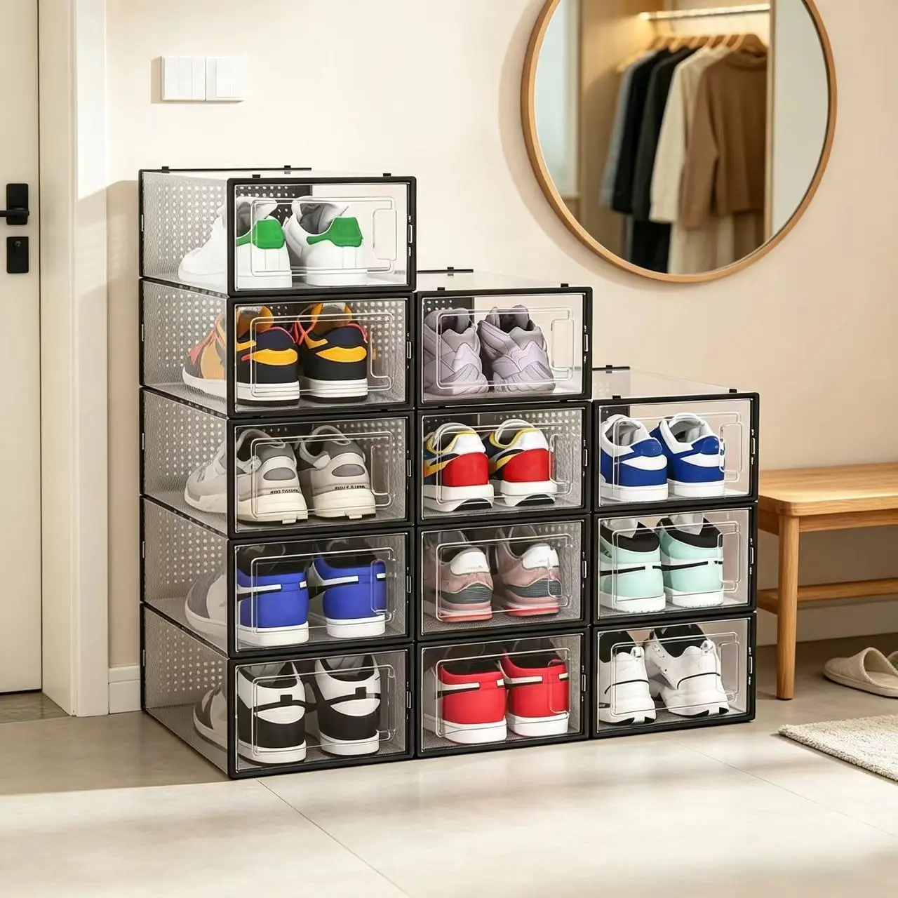 12-Pack XXL Clear Shoe Storage Boxes – Stackable Foldable Shoe Organizer Bins for Sneakers, Heels & Boots, Large Plastic Shoe Containers for Closet, Entryway & Bedroom, Space-Saving Shoe Storage & Display Cases