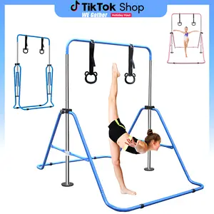 Multi-Functional Kids Gymnastics Bar Adjustable Height Horizontal Bar with Bear Rings Indoor Home Training Equipment for Children Foldable Safe Fun for Play Exercise