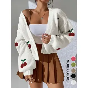 Women's Cherry Embroidery   Sweater Cardigan, Casual Long Sleeve Open Front Knit Cardigan for Spring & Fall, Fashion Women's Knit Clothing for Daily Wear, Tops(Sheets)
