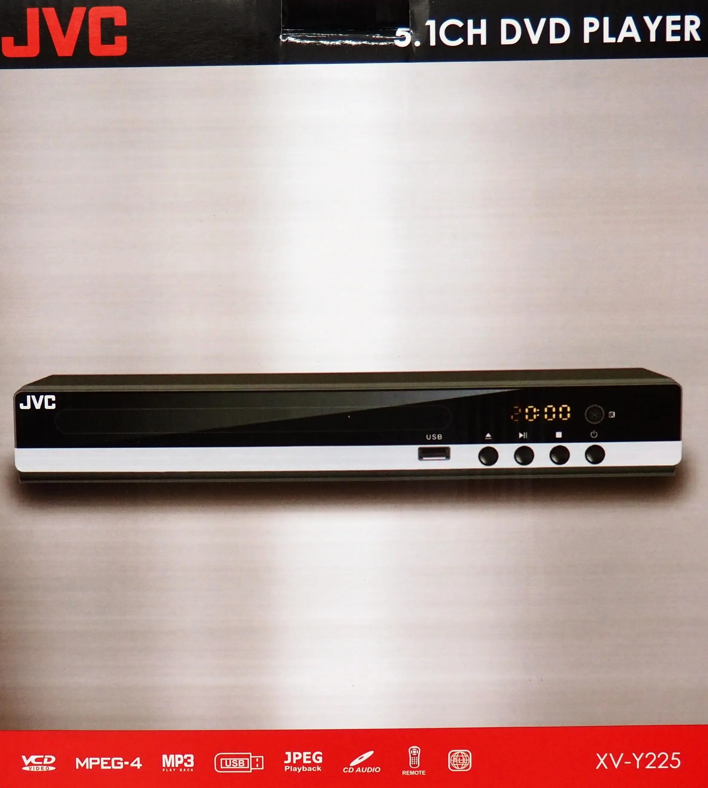 JVC XV-Y225 All Region Free DVD Player - Black, 5.1 Channel Audio Device with Remote, Adjustable Settings, Multi Format Support for DivX, MPEG, MP3, WMA, Digital USB Playback, Cd