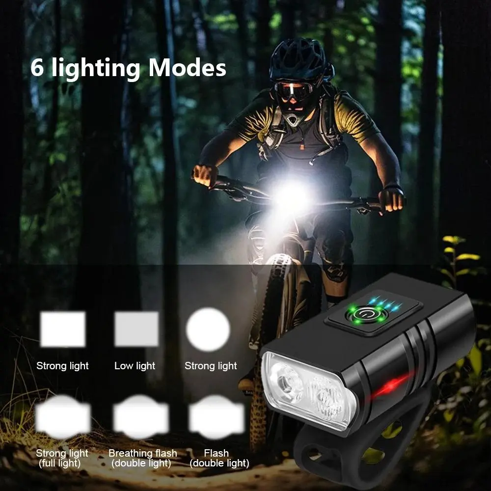 2xT6 LED Bicycle Headlight, Portable ABS Body with Super Bright Flood Beam, Type-C Rechargeable with 6 Modes for MTB, Road Bike & Mountaineering