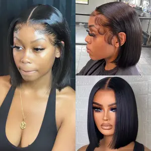Short Bob Glueless Human Hair Wig, Ready to Wear, Straight, 12-inch Bob Wig, Human Hair Lace Front Wig, Human Hair Glueless Pre-Plucked Transparent Wig for Women, 180% Density (Black, 5x5 Straight Bob Wig, 12 inches)