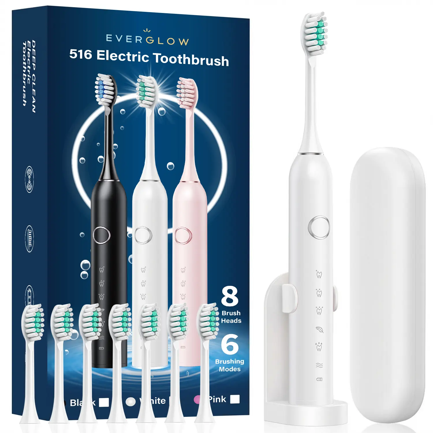Electric Toothbrush for Adults, Rechargeable Power Toothbrush with 8 Brush Heads, 6 Modes, 2 Hour Fast Charge for 90 Days Use, IPX7 Waterproof, Sonic Electric Toothbrush for Travel & Home