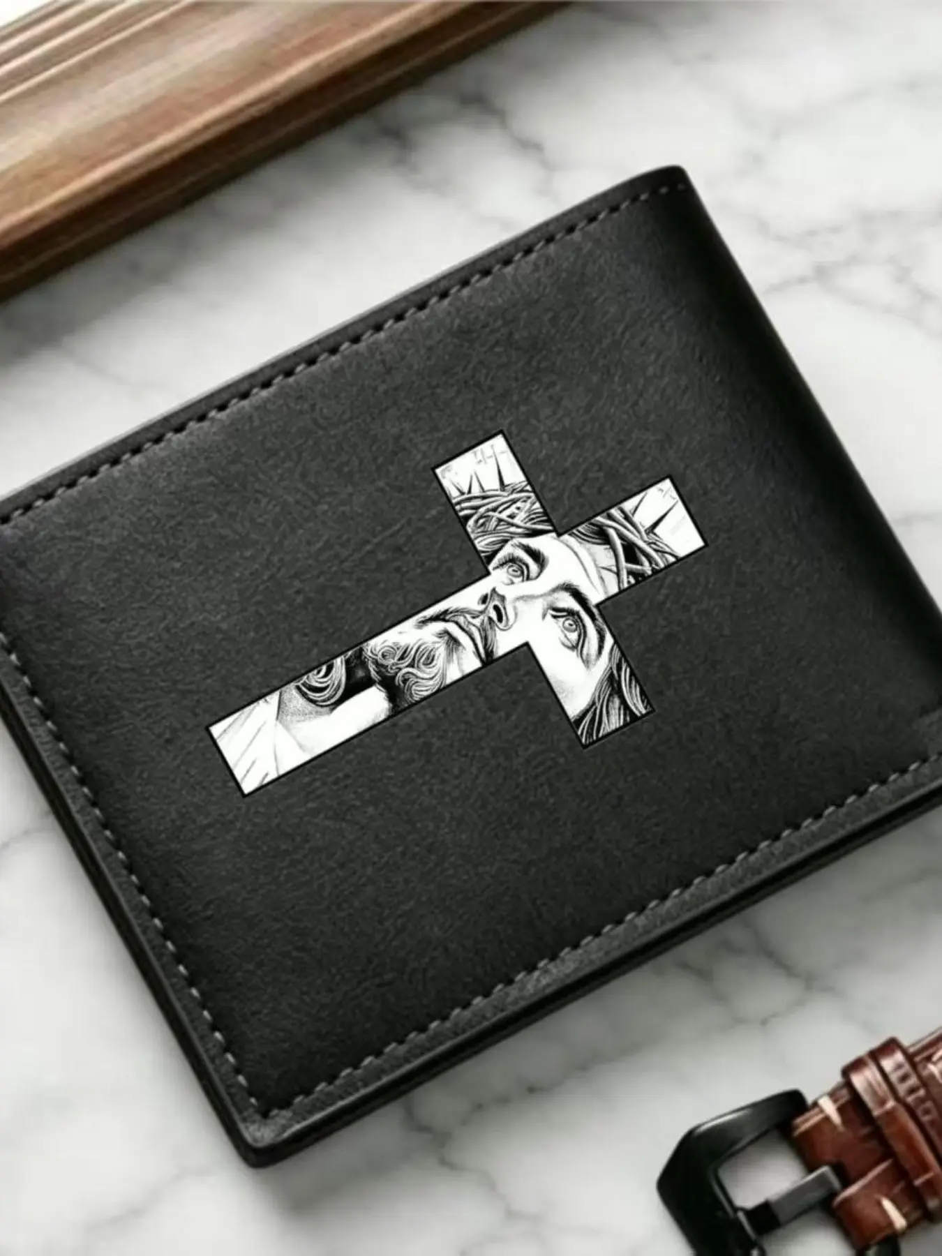 JesusCrossWallet, ReligiousDesign, Men's Black Leather Bifold Wallet with Jesus Face Cross Print, Faith-Inspired Card Holder, Durable Faux Leather, Slim & Portable, Suitable for Daily Use & Religious Occasions, Wallet Cards Storage, PU Leather Wallet