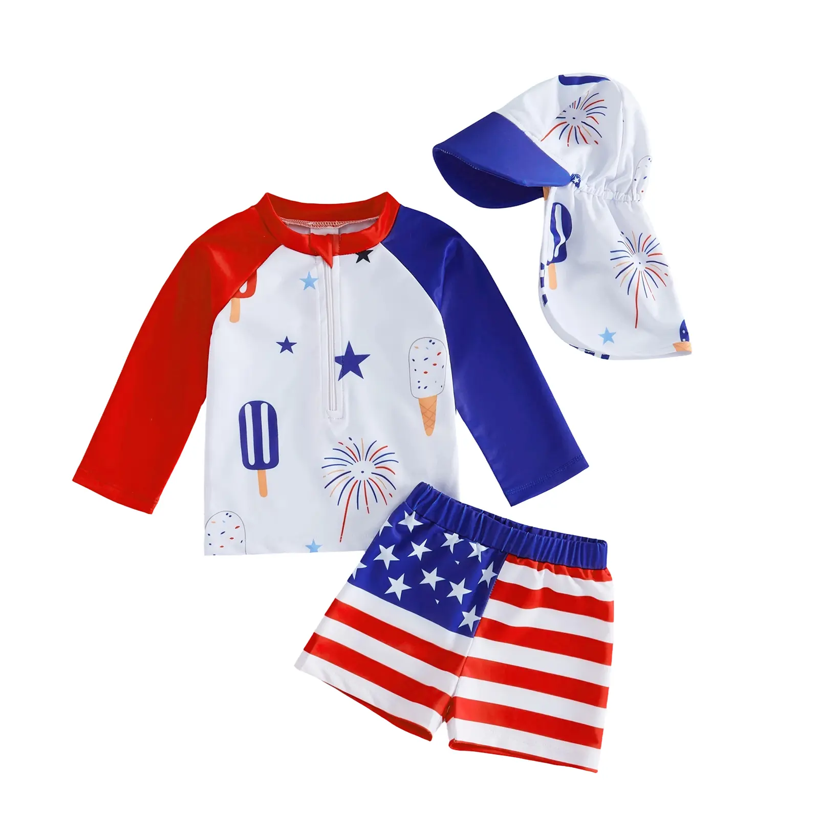 Toddler Boy 3-Piece Swim Kit (3-Day Arrival) - 4th of July Fashion Firework Themed Rash Guard, Long Sleeve Crew Neck Star Print Shirt, Trunks, Hat Polyester Swimming Suit