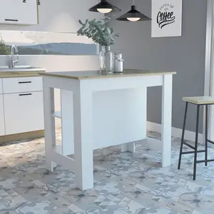360 stand Modern Light Oak Kitchen Island, White, Storage Shelves, Wood Base