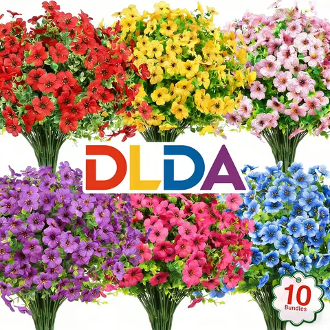 Romantic Silk Artificial Flower Bouquet (10 Bunches in a Variety of Colors to Choose From, 10 Beams-Blue, 13.8" Tall) - 9-Color Mixmatch UV-Resistant Fade-Proof Faux Plants, Outdoor-Ready Decor Pouch for Living Room Shelves (Indoor/Outdoor Use)
