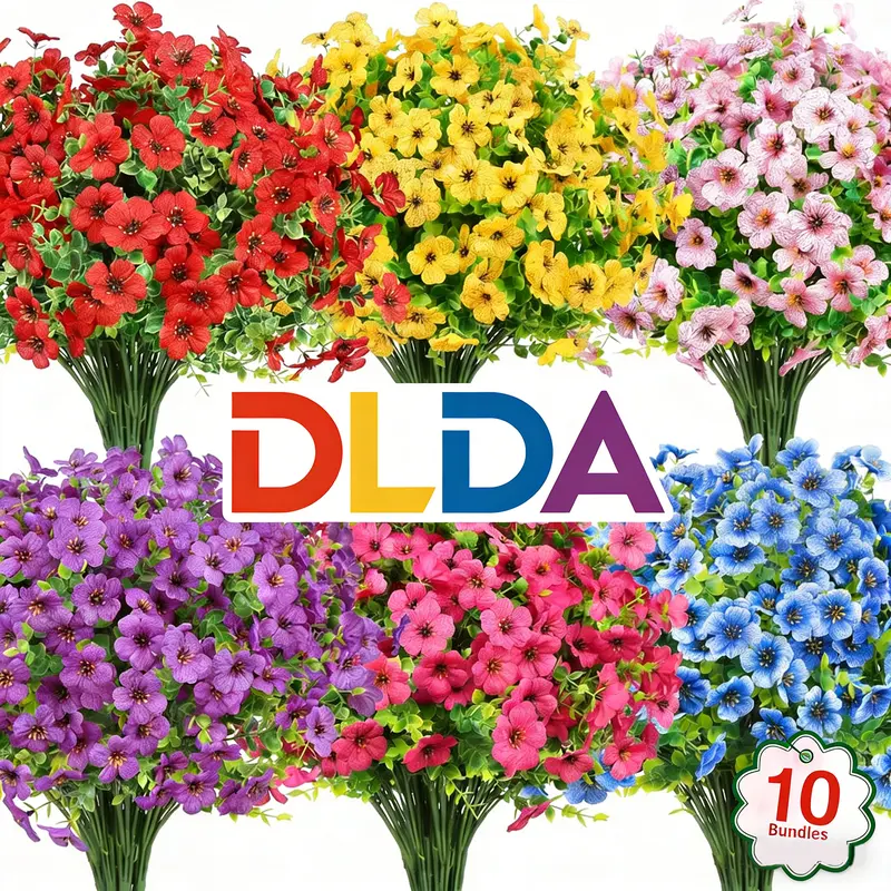 Romantic Silk Artificial Flower Bouquet (10 Bunches in a Variety of Colors to Choose From, 10 Beams-Blue, 13.8" Tall) - 9-Color Mixmatch UV-Resistant Fade-Proof Faux Plants, Outdoor-Ready Decor Pouch for Living Room Shelves (Indoor/Outdoor Use)