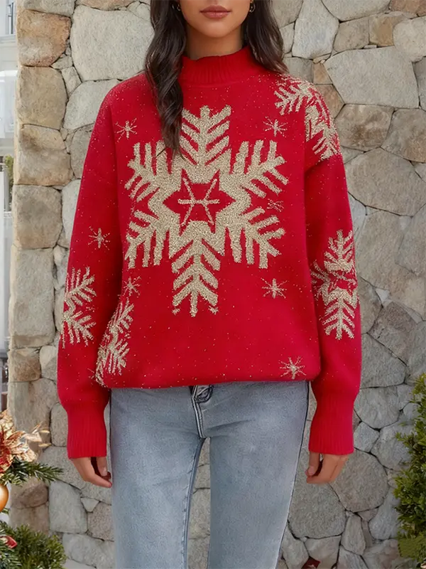Sparkly Snowflake Oversized Christmas Sweater - Festive Holiday Knit Top MY801