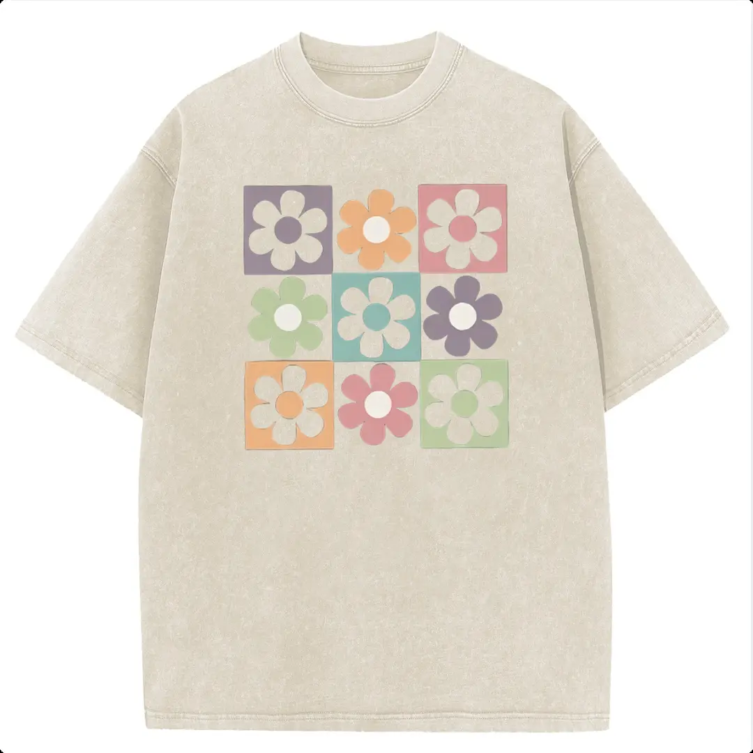 Women's Retro Acid Wash T-Shirt, Heavyweight Pure Cotton with Checkerboard Graphic Print, Casual Shortsleeve Medium Length for All Seasons, Round Neck