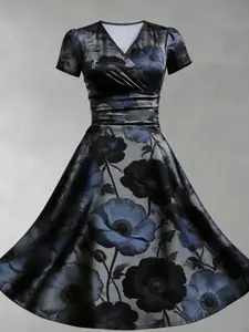 Vintage Gothic Waist-Tied A-Line Dress, Elegant V-Neck Short Sleeve, Slimming Fit, Perfect for Parties, Dates, Photoshoots, Daily Wear