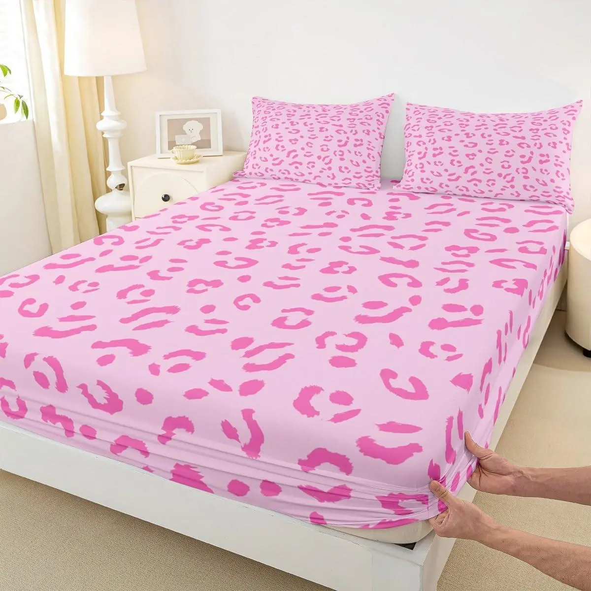 Pink Leopard Print Girly Fitted Sheet,Kids Girls Woman Room Decor,Abstract Cheetah Skin Vivid Bed Cover,Wild Animals Hair Bedding Set,Rustic Romantic Bed Sheet