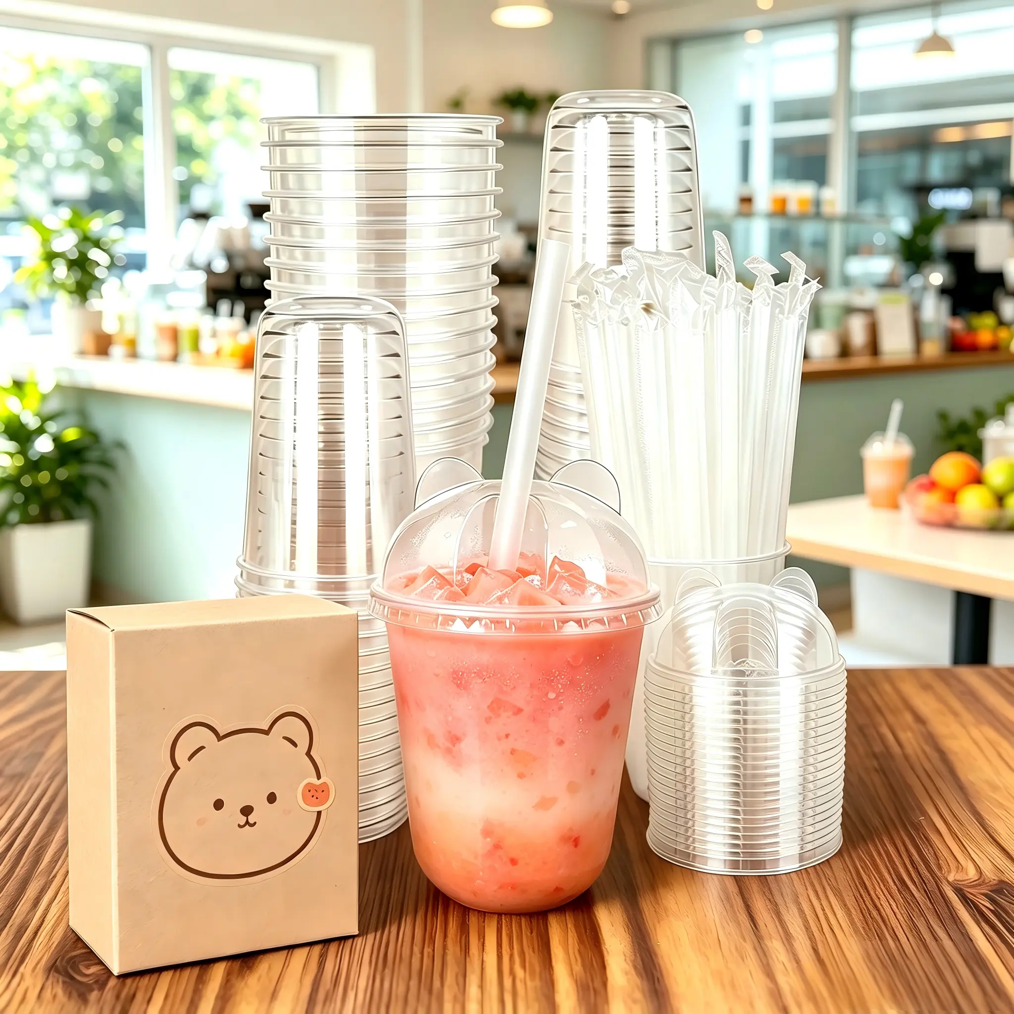 Disposable Transparent Plastic Cute Panda Cup Set (100 Sets: Cups + Lids) - 12oz/16oz, Lightweight, Sturdy, Bulk Pack, Ideal for Iced Coffee Supplies, Iced Drinks, Festive Use