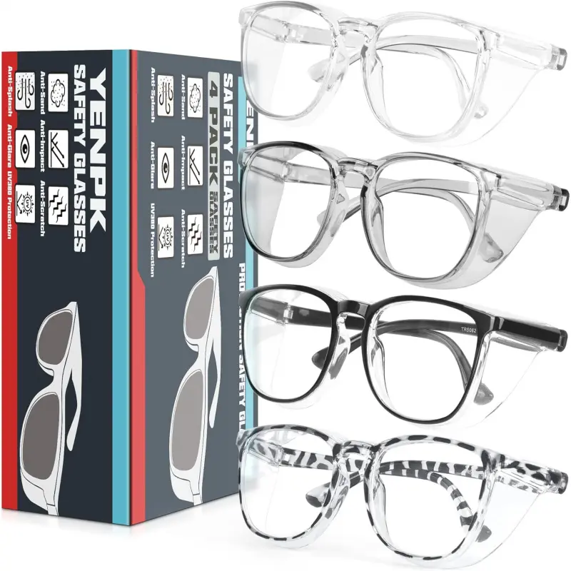 Women's 4 Pack ANSI Z87+ Anti-Blue Light Safety Glasses Goggles - Anti-Fog Technology, Cute Protective Eyewear for Nurses & Dental Assistants, Available in (Clear_Grey_Black_Leopard) & (Rainbow_Clear_Pink_Blue), (Clear _Grey _Black _Leopard)