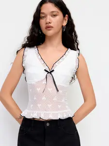 Cider Lace V-neck Bowknot Graphic Lettuce Trim Tank Top