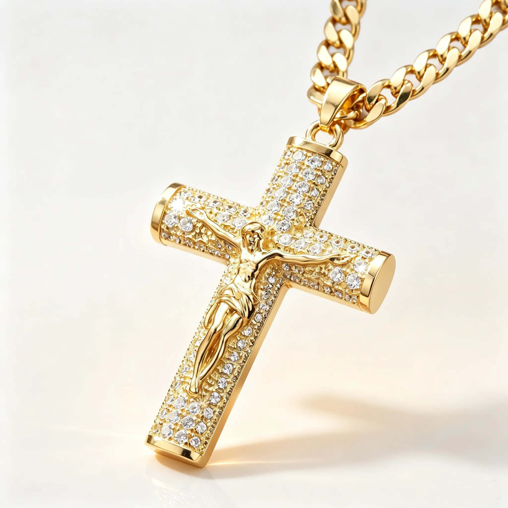 Bling Iced Jesus Cross Pendant Gold Cuban Chain Necklace, Bold Religious Hip Hop Statement Costume JewelDaily wear, perfect gift for boyfriend, husband & fatherry For Men, Street Style Faith Accessory，# religious jewelry goldtone