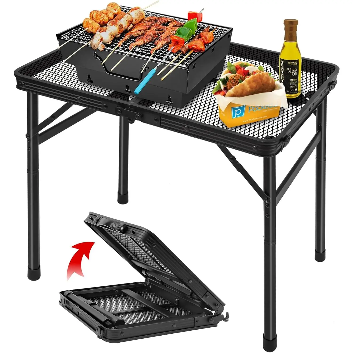 Folding Grill Table Camping Table with Mesh Desktop, Lightweight & Portable Outdoor Picnic Table, Height Adjustable Portable Grill Table for Outside Inside Use