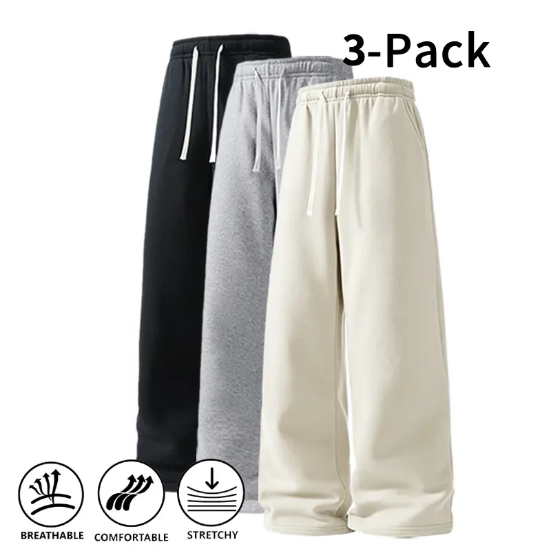 3-Pack Men's Buttery Soft Wide Leg Pants, Thick Warm Fabric, Breathable Stretchy Sweatpants for Everyday Wear