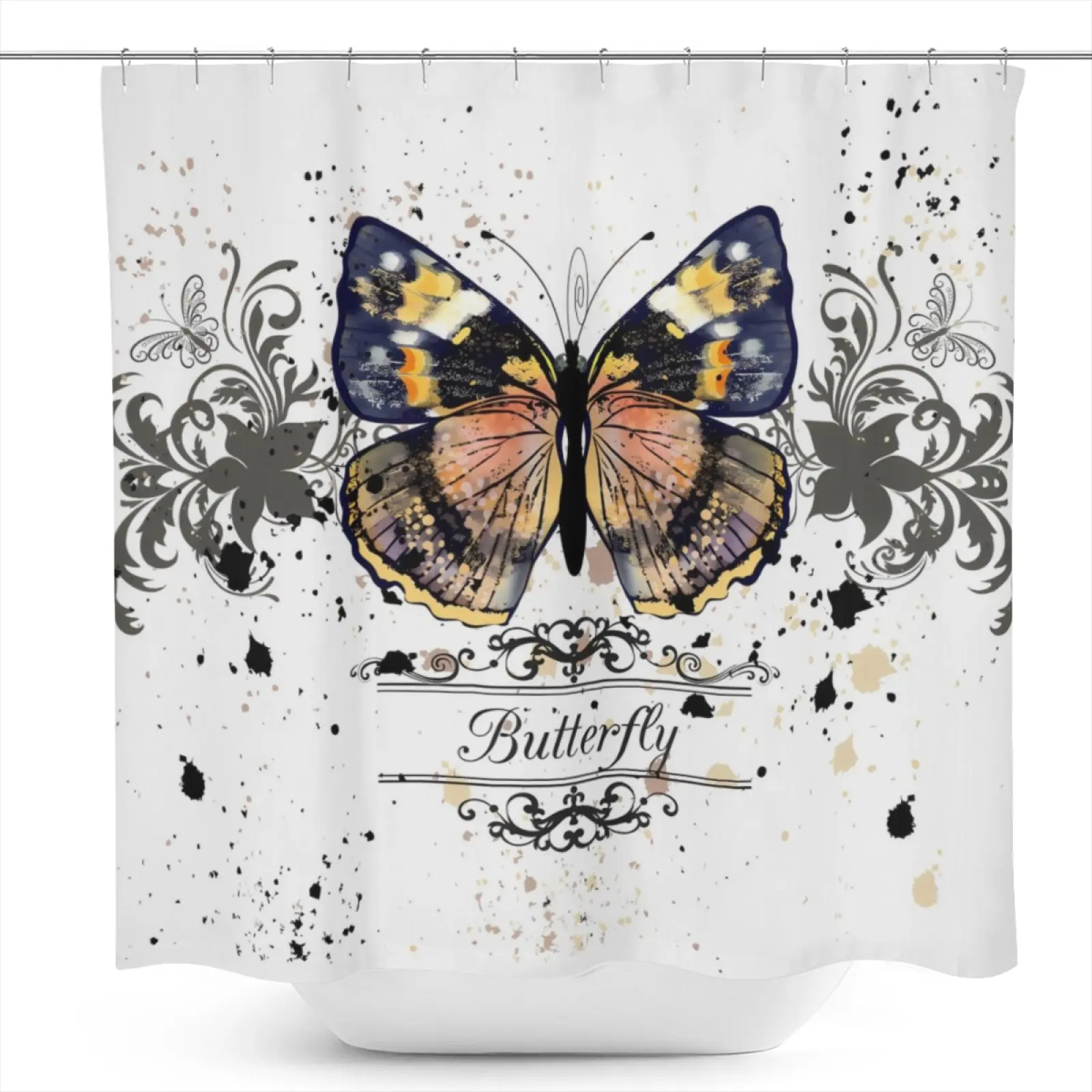 1Pc Vintage Splash Butterfly Art pattern shower curtain, waterproof polyester fabric, with 12 hooks, 71 inches wide X 71 inches high, modern art design style, bathroom decoration, suitable for all seasons
