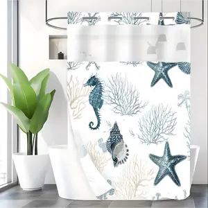 LVRLVR 1pc Coastal Ocean Shower Curtain with Sheer Top Window, Detachable Liner & No Hook C-Ring, 70.8" x 74"