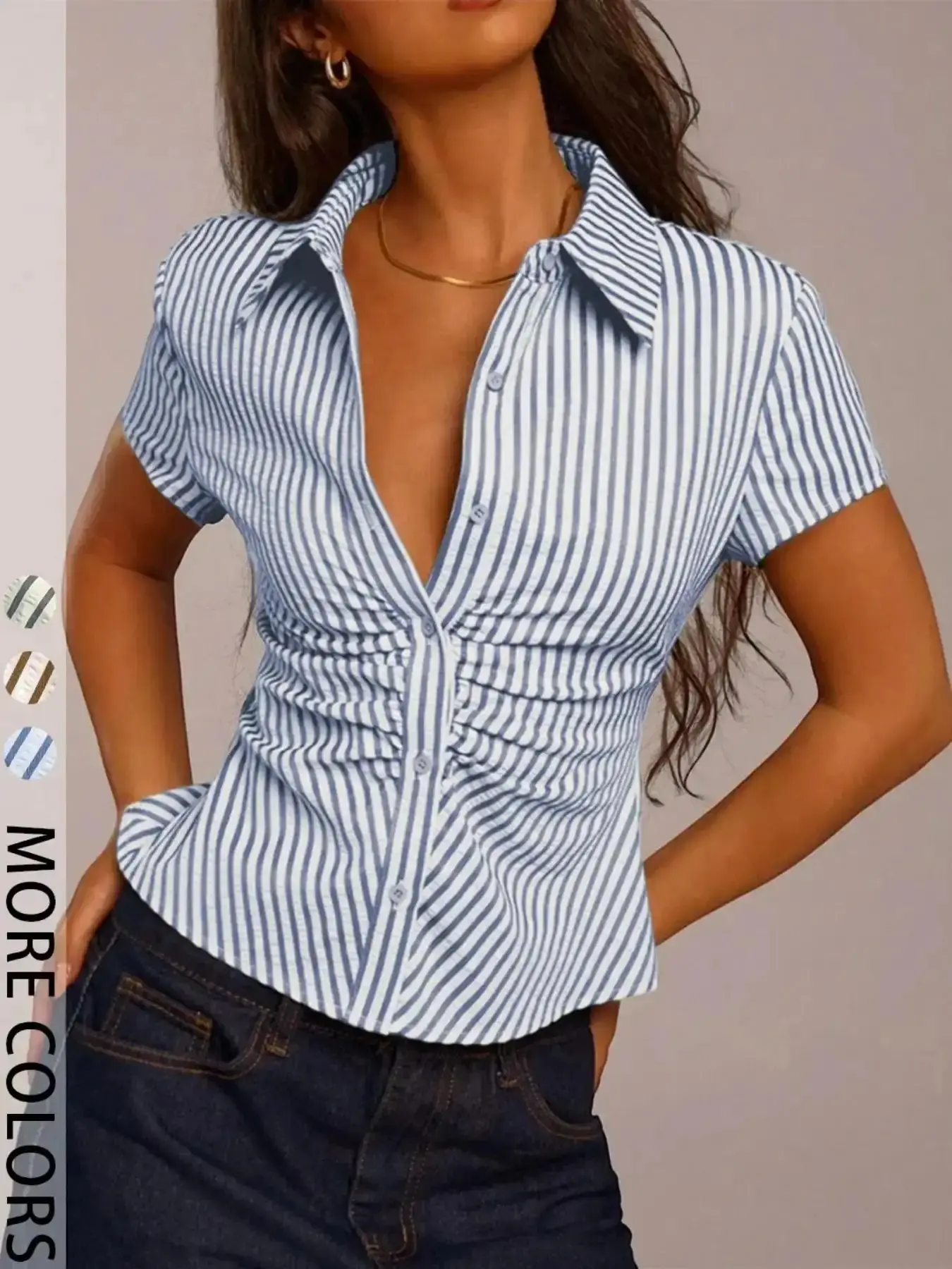 Stunning Chic Striped Ruched Button-Down Blouse - Short Sleeve Fitted Collared Top Casual Button Up Shirt Front for Daily Party Outfits Shirts Classy Top Down Blouses Fashion, effortless layering, chic everyday