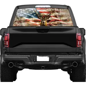 Deer Flag Truck Rear Window Decal – Perforated Vinyl See-Through Sticker, Universal Fit for Pickup Trucks, Patriotic Gift for Dad, Boyfriend & Truck Owners, Easy DIY Install, 65x17IN