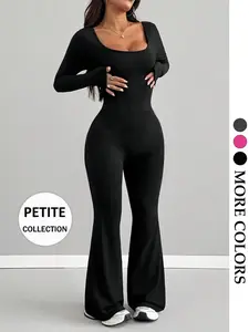 Women's Basic Jumpsuit, Long Sleeve Slim Fit Bell Bottom Pants, Yoga Fitness Inner Layer, Casual Sporty Style, All-Season Wear, Yoga Jumpsuits