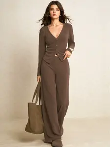 Women's V-Neck Long Sleeve Knit Sweater Top & High-Waisted Wide-Leg Pants Set, Casual Fitted for Spring & Fall