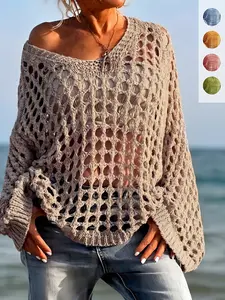 Women's Casual Everyday Loose-Fit V Neck Top, Hollow Out Design, Polyester Knit Fabric, Hand Washable, All Season Wear, Knitwear