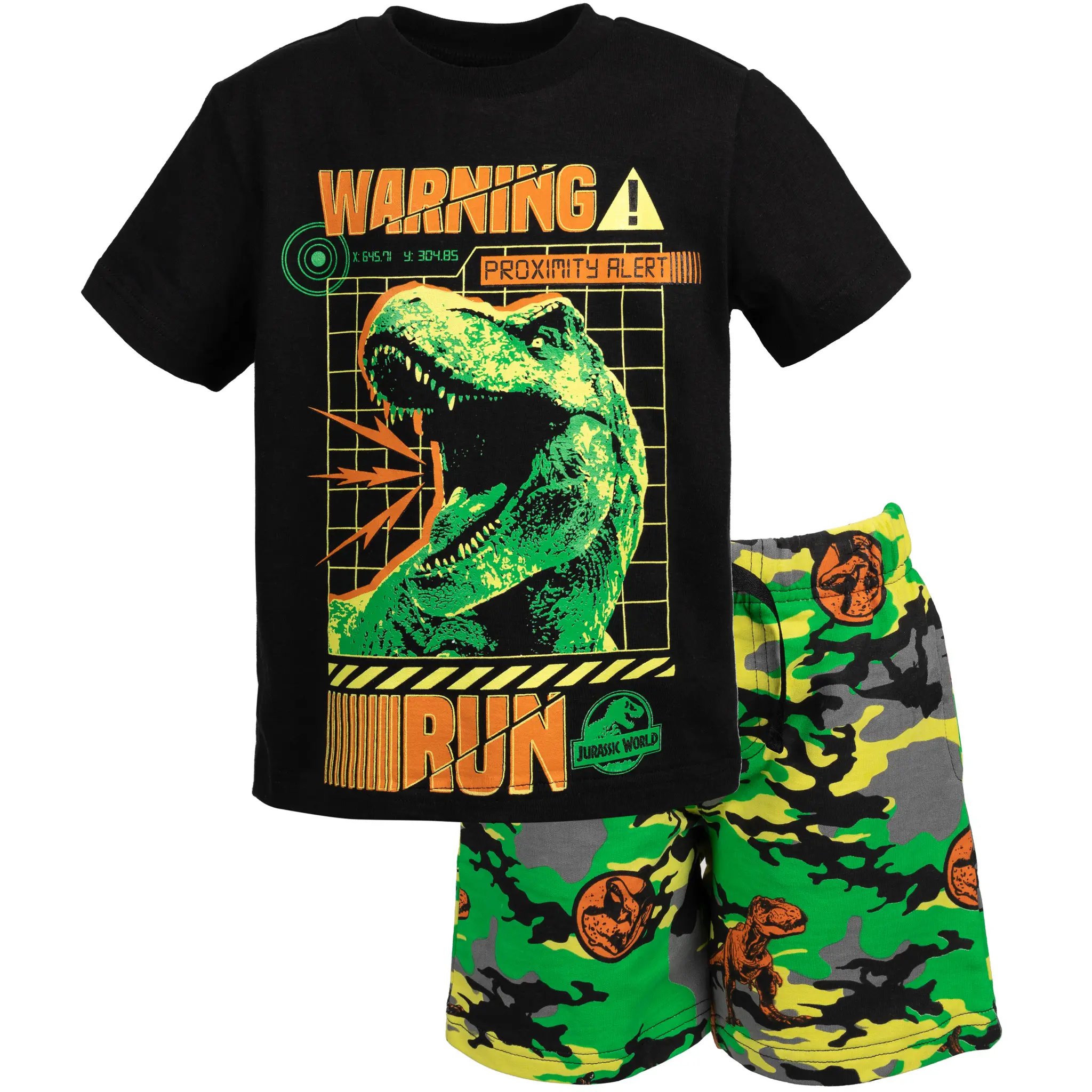 Jurassic World Jurassic Park T-Rex Boys' Short Sleeve Graphic Tee and Allover Print French Terry Drawstring Shorts Outfit Black Green Toddler to Big Kid