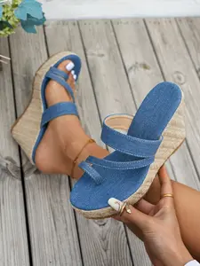 Women's Summer Wedge Sandals, High Heel Thick Sole, Wood Grain Anti-Slip Beach Shoes, Fashion Comfortable Footwear, Casual Sandals, High Wedge Heels, Fashionable Platform Sandals