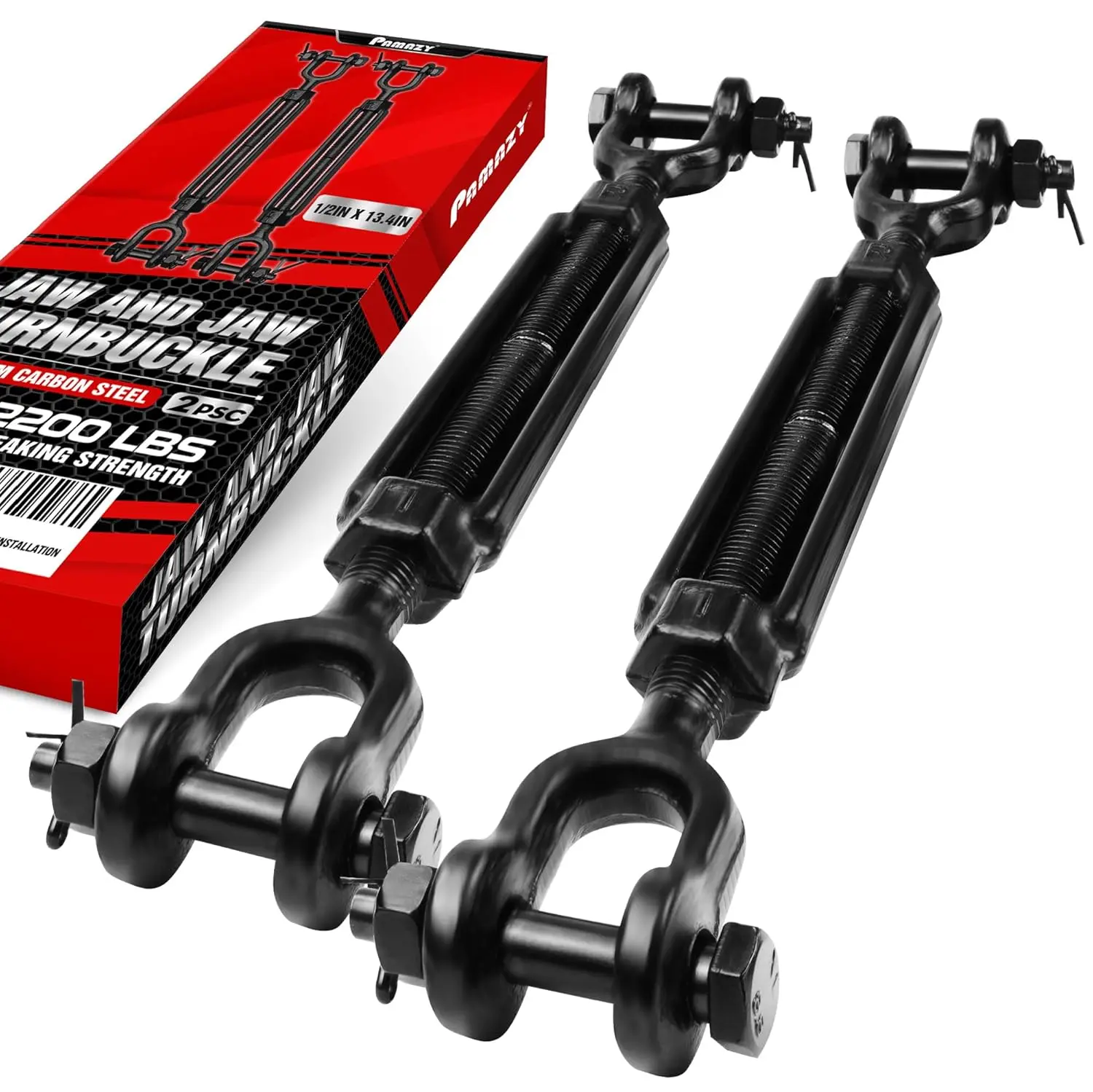 2 Pack Carbon Steel Heavy Duty Jaw-and-Jaw Turnbuckle, 1/2x13.4 Size, 2200 lbs Working Load Limit, Weather Resistant Black Rigging Tool for Wire Rope Tension, Marine, Outdoor, DIY Projects