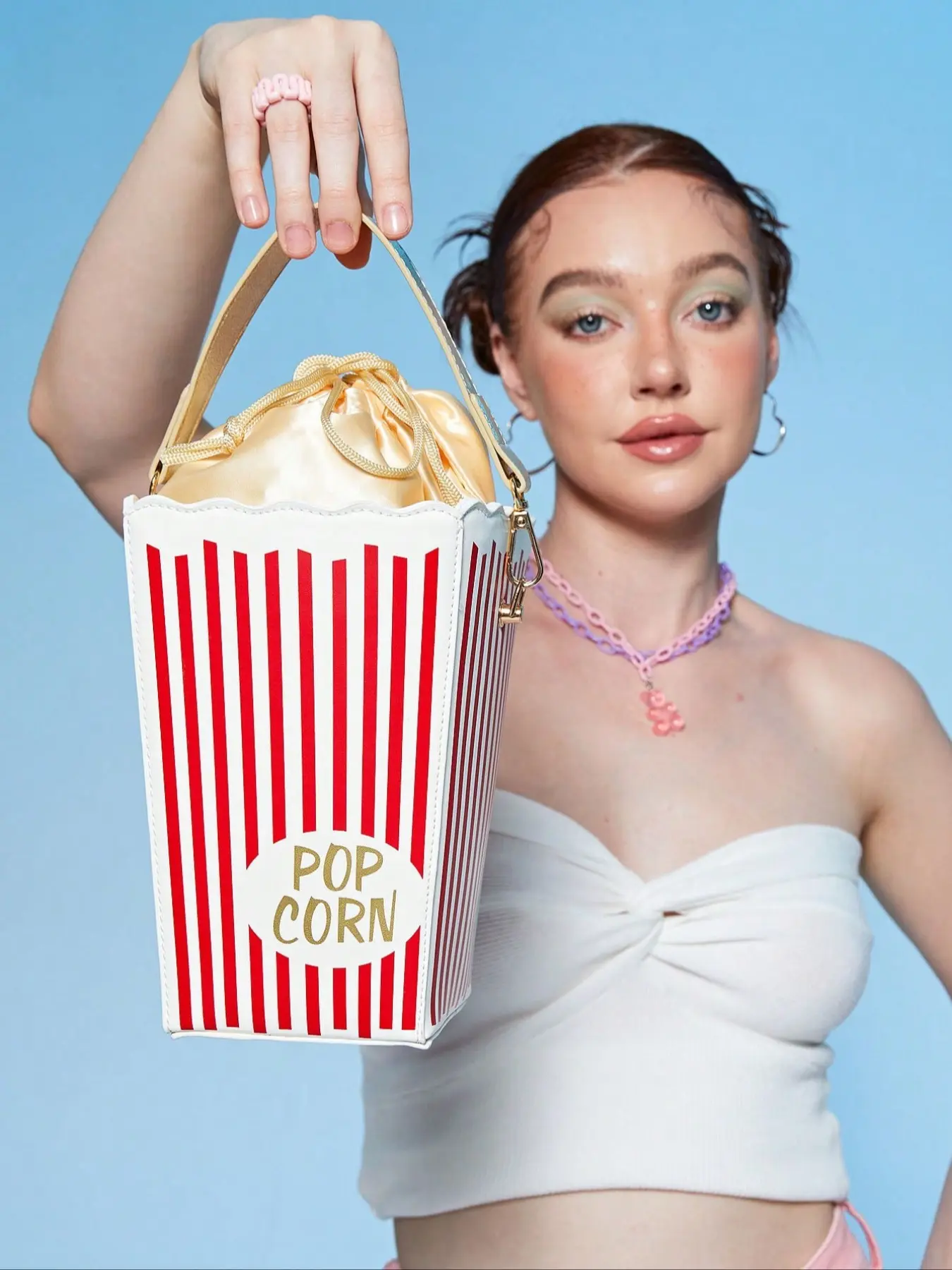 Novel Popcorn Bucket Shape Women's Chain Shoulder Bag Handbag, Teenage Bucket Bag, Thanksgiving Christmas Birthday Gift, Striped Small Handbag, Patterned Bag, Fashionable Unique Bags, Crossbody Chain Bag, Crossbody Purses, Crossbody With Chain