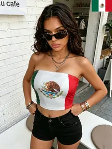 VYNCE Women's Casual Mexico Graphic Top Semi Sheer Allover Print Flag Strapless Slim Fit Micro Cropped Tank Top Summer Vacation