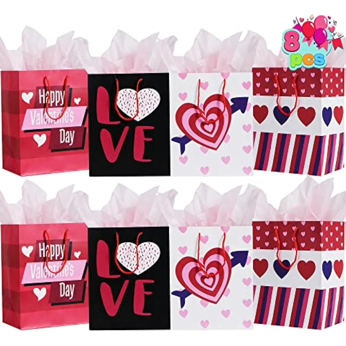 JOYIN 8 Pcs Valentines Day Paper Gift Bags,9.76" Gift Treat Bags with Filling Paper in 4 Designs, Candy Bag,Paper Wrapping Kraft Bags with Colorful Heart shaped Design for Kids Party Valentine Party Favors